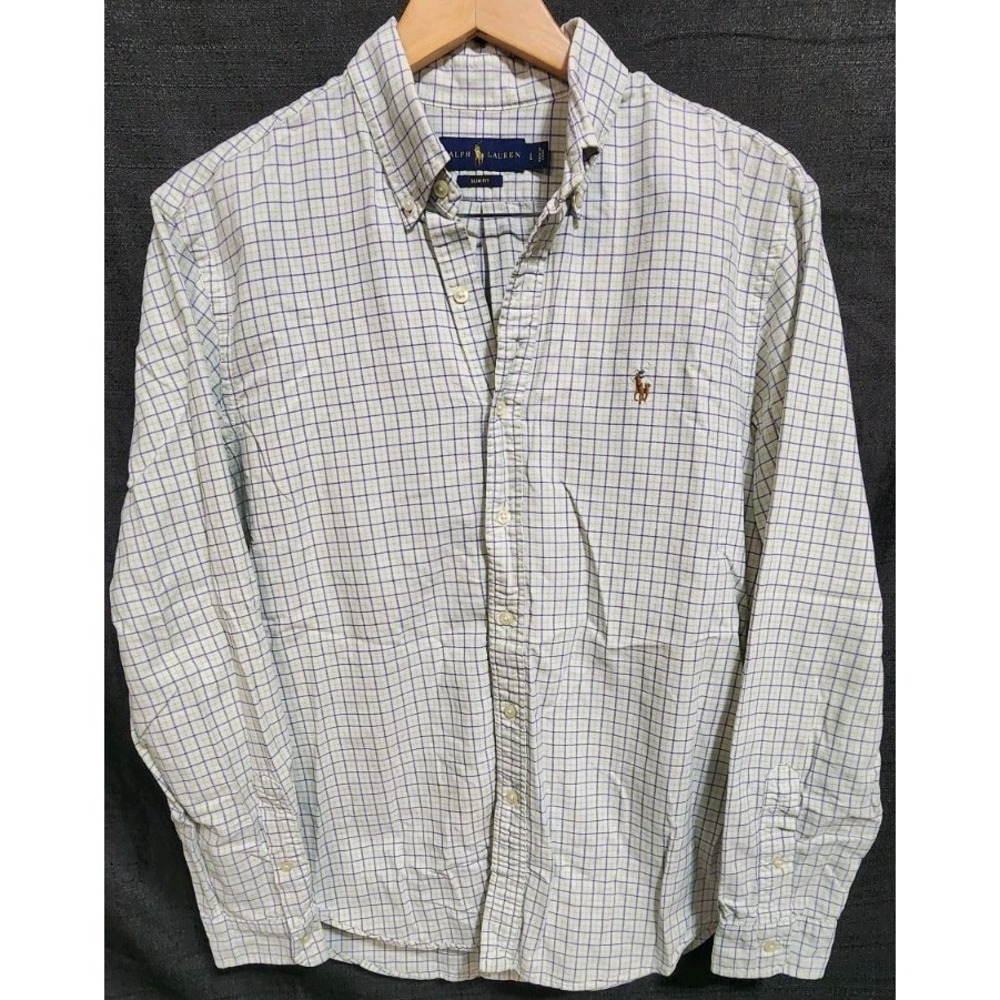 Polo Ralph Lauren Shirt Men Large Blue Grn Casual Button Down Gingham Check Slim